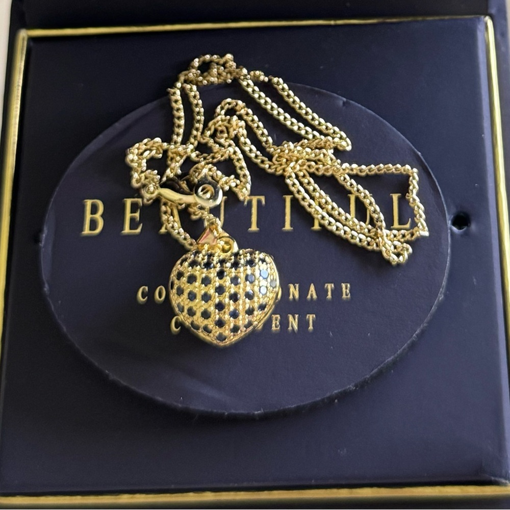18 karat Gold layered Heart Pendant Necklace with Black Accent Stones